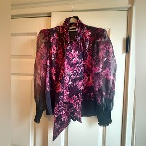 Authentic Alice + Olivia Brentley Tie Neck Floral Silk/Sheer Sleeve Blouse